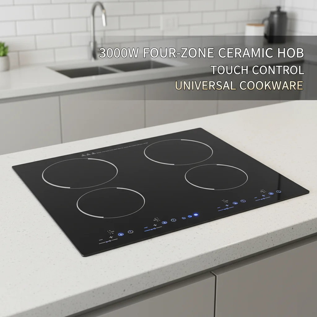 3000W 4 Burner Electric Cooktop Ceramic Hob 110V, 9 Heating Levels Sensor Touch Control, Built-in Countertop Radiant Stove with Child Safety Lock & Timer for Kitchen(No Plug), Black