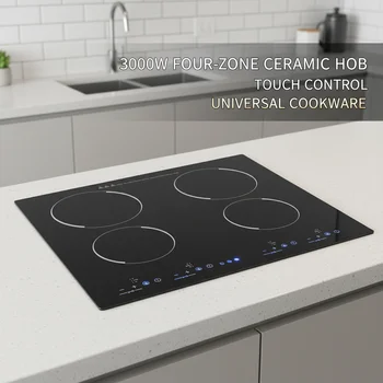 Placa de Cocina Eléctrica de Cerámica de 3000W y 4 Quemadores, 110V, 9 Niveles de Calentamiento, Control Táctil con Sensor, Estufa Radiante Integrada para Encimera con Bloqueo de Seguridad para Niños y Temporizador para Cocina (Sin Enchufe), Negra 1