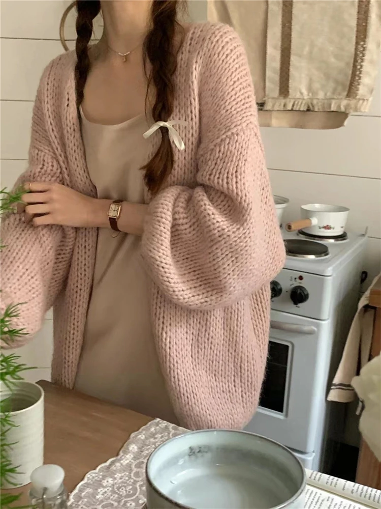 Colorfaith SWC5600JX New 2023 Sweet Wild Oversized Korean Fashion Knitting Cardigans Women Autumn Winter Elegant Lady Pink Tops