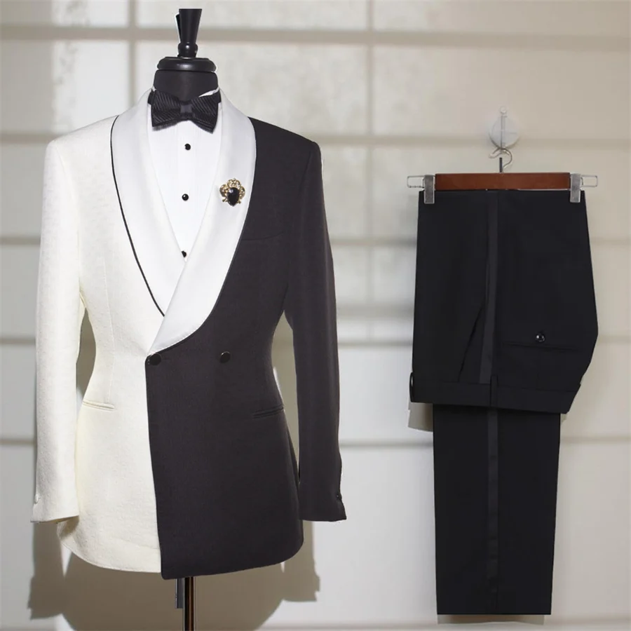 مزدوجة الصدر الرجال الدعاوى الرسمية سليم صالح أبيض وأسود الزفاف سهرة 2 قطعة مخصص البدلة سترة وسراويل