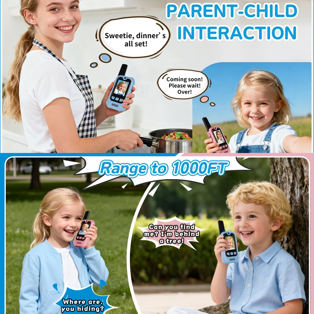 أجهزة اتصال لاسلكية بالفيديو للأطفال - عبوتان من أجهزة اتصال داخلي عبر الفيديو قابلة لإعادة الشحن للأطفال مع مغير صوتي، نطاق طويل 1000 قدم