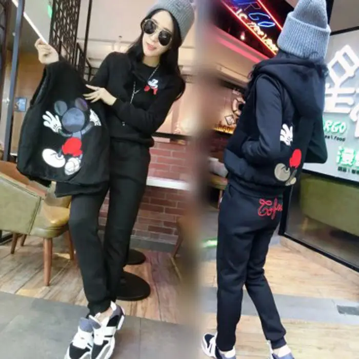 ديزني لطيف الكرتون ميكي الشتاء الكورية نمط ميكي هوديي ثلاث قطع مجموعة المرأة الصوف سميكة سترة رياضية غير رسمية الزي #3