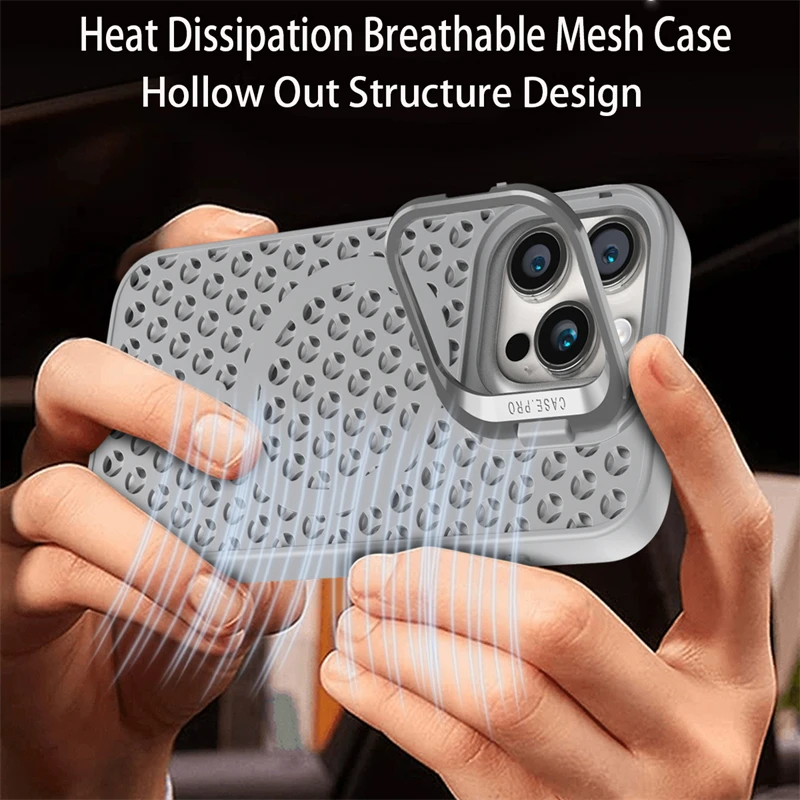 Luxury Camera Fold Holder Case For iPhone 16 15 14 Plus 12 13 11 Pro Max For Magsafe Wireless Charge Heat Dissipation Soft Cover