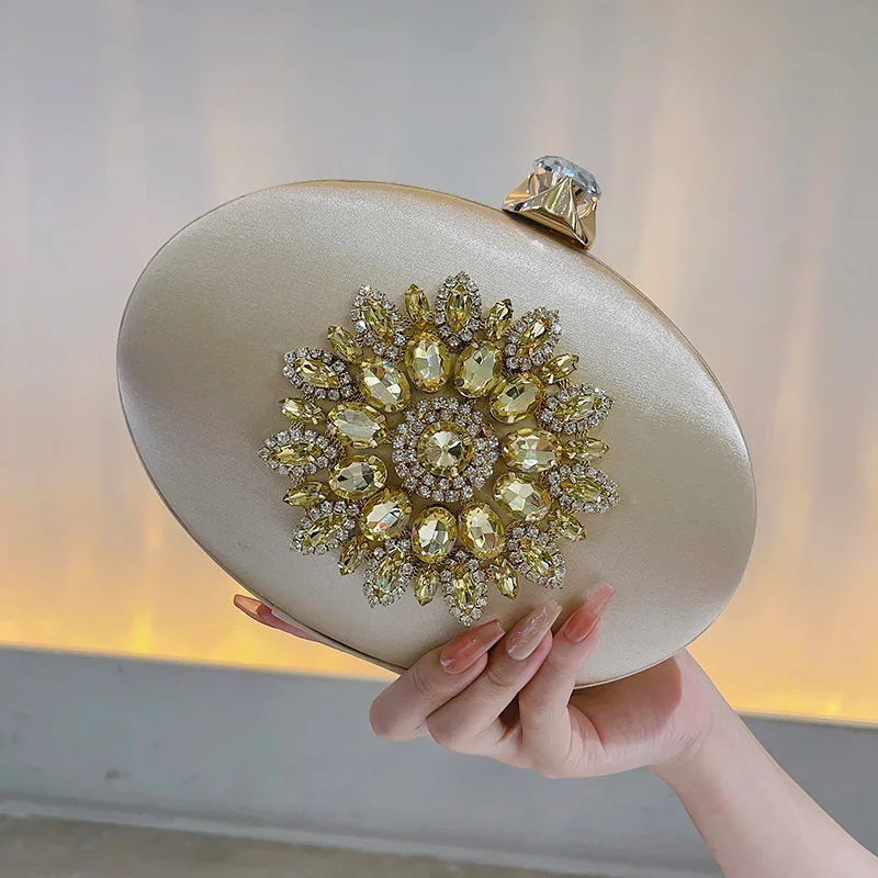 

Satin Sunflower Hand-Held Dinner Bag Diamond Studded European American Style round Party Dress Bag for Women