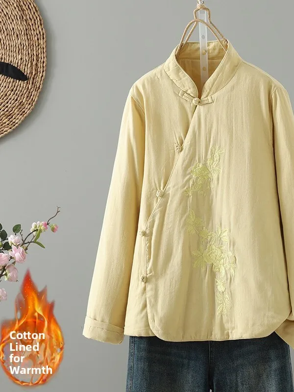 

New Chinese Sle Embroidered Cotton Jaet Lightweight Warmth Collar Long Sve Traditional Tang Costume Top for Women