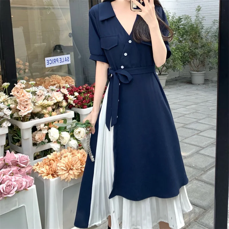 Fashion Loose Folds Bandage Bow Asymmetrical Midi Dress Women's Clothing 2023 Summer New Oversized Fake Two Pieces Long Dress