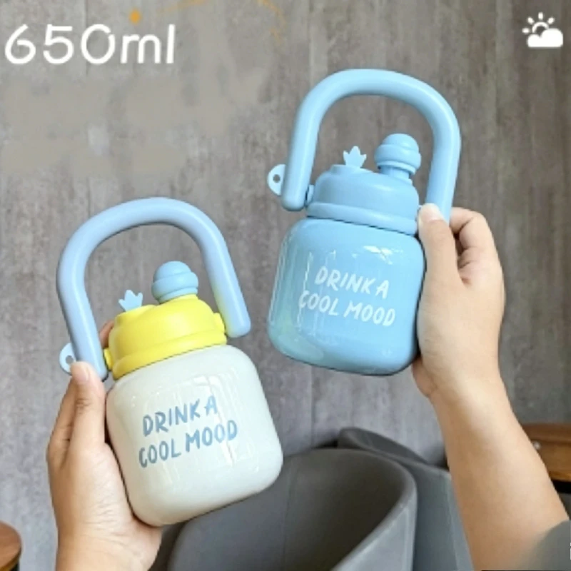 JUSTINLAU Kids Big Belly Tumbler 304 Stainless Steel Vacuum Flask with Handle & Straw Portable Handheld Sports Bottle for Travel