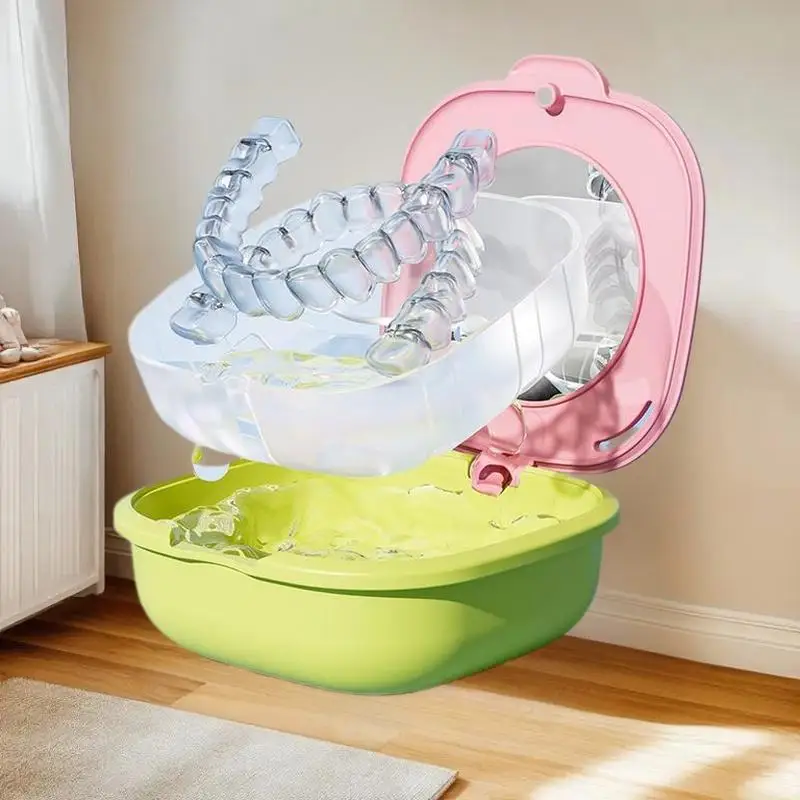 

Retainer Case With Drain Basket Portable Mouth Guard Box Oral Cleaning False Teeth Denture Storage Box Teeth Aligner Braces Box