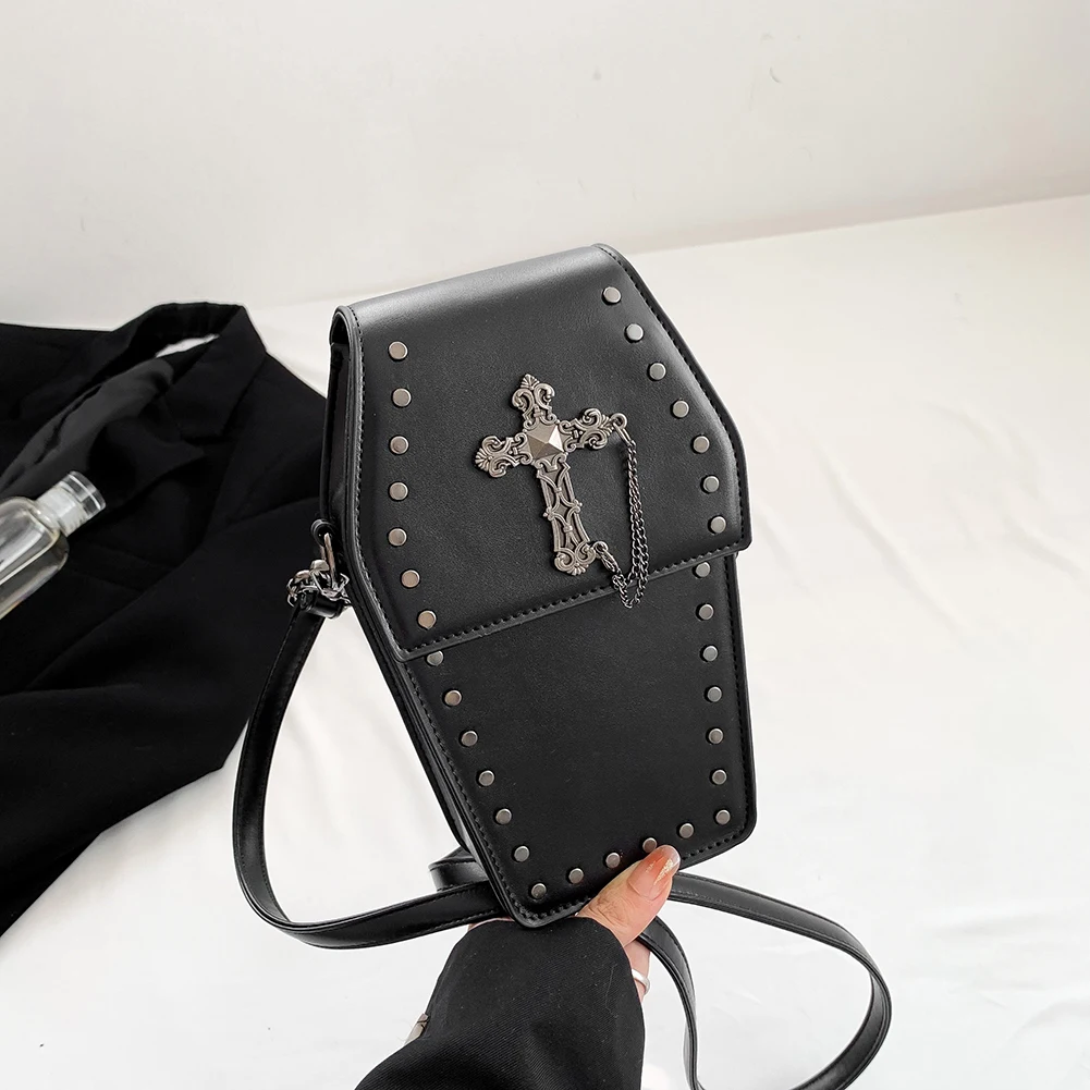 Novelty Gothic Crossbody Bag Halloween Retro Shoulder Bag Coffin Shape Purse Women PU Leather Skull Ghost Satchel Y2K Handbag