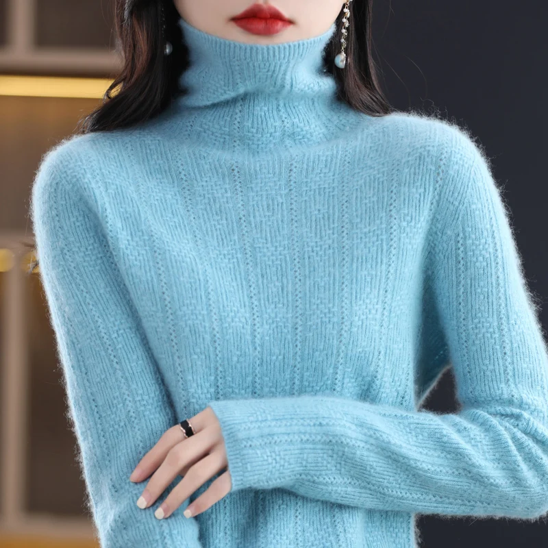 

100% Merino Pure Wool Sweater For Women 2024 New AutumnWinter Warm Pure Color High Neck Hollow Knit Layered Collar Jumper Top