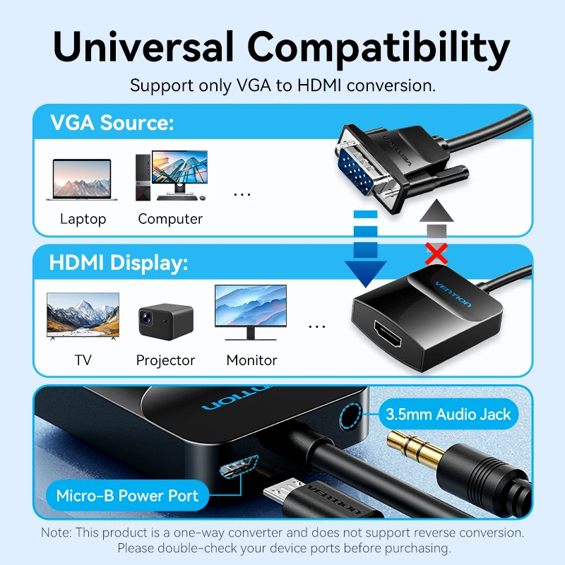 Vention VGA to HDMI Adapter 1080P VGA Male to HDMI Female Converter Cable With Audio USB Power for PS4/3 HDTV VGA HDMI Converter