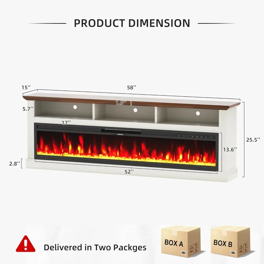 Suporte de TV de mídia moderno de 58" com lareiras de 52" Armários de armazenamento para centro de entretenimento com luz LED para casa
