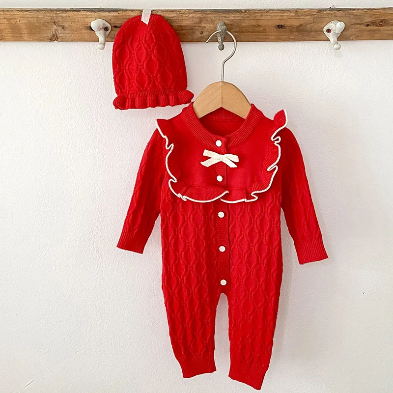 جديد خريف 2025 0-24 متر ملابس الأطفال المحبوكة الرضع طفل الفتيات محبوك بذلة + قبعة طفل رضيع فتاة محبوك رومبير