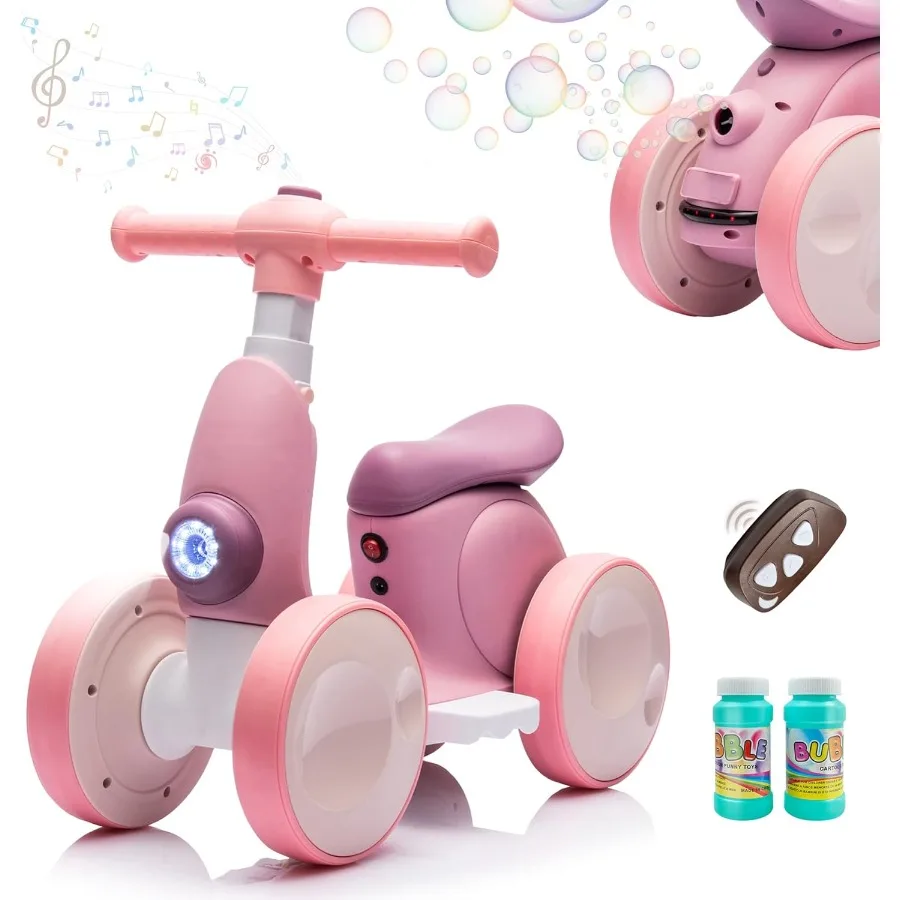 Bicicleta de equilibrio eléctrica para bebés de 6 V con máquina de burbujas Bicicleta de equilibrio para niños pequeños 4 en 1 con control remoto para niños de 1 año Niñas Bicicleta de burbujas Rid