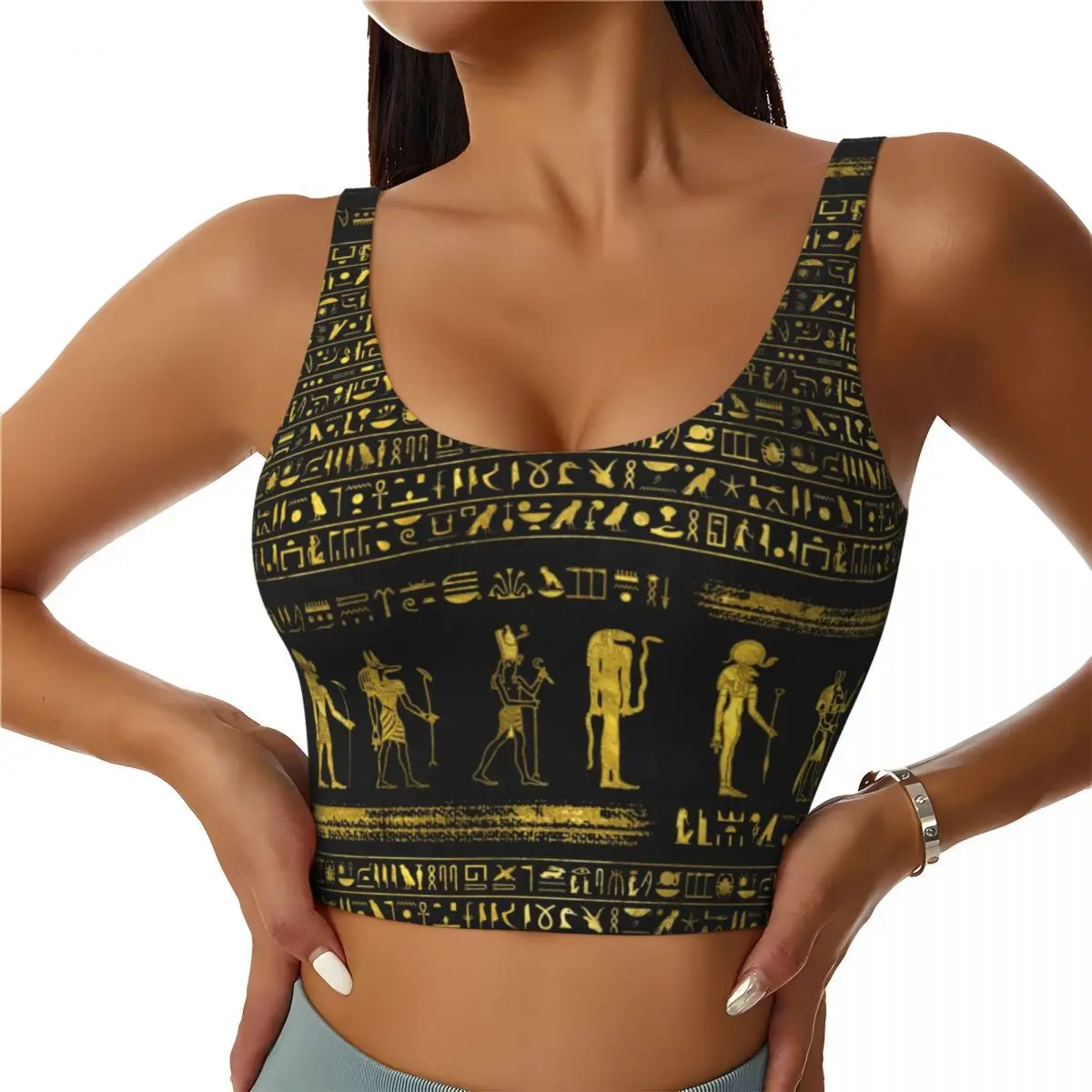 Custom Golden Egyptian Gods Hieroglyphics High Impact Sports Bras Ancient Egypt Symbol Seamless Workout Running Crop Tank Tops