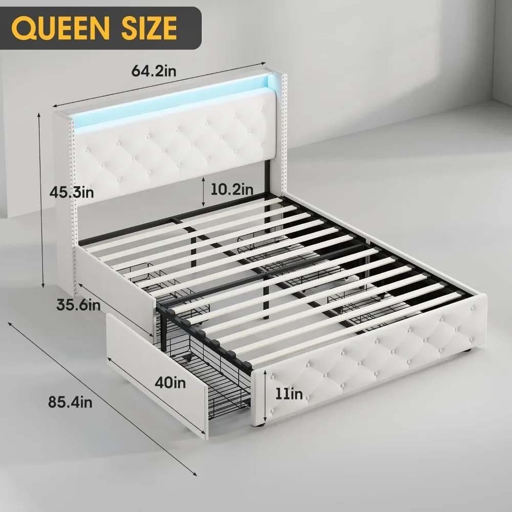 Bed Frame with LED Headboard & Drawers, Velvet Upholstered Platform Bed Frame with Led Light and Charging Station