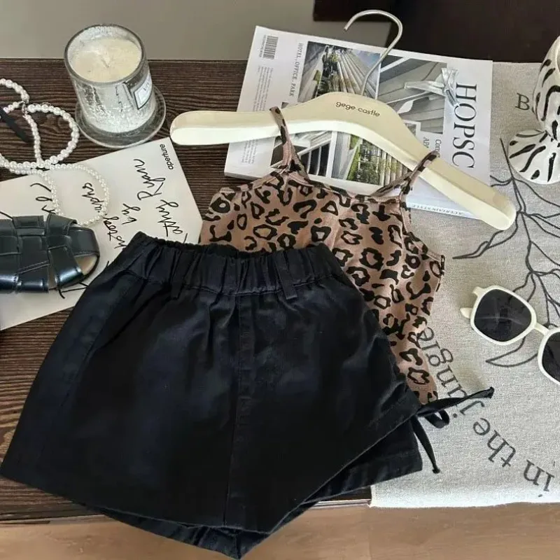 

Korean Children's Clothing Girls' Set 2025 Summer New Item Women's Treasure Leopard Print Suspender Top Children's Black