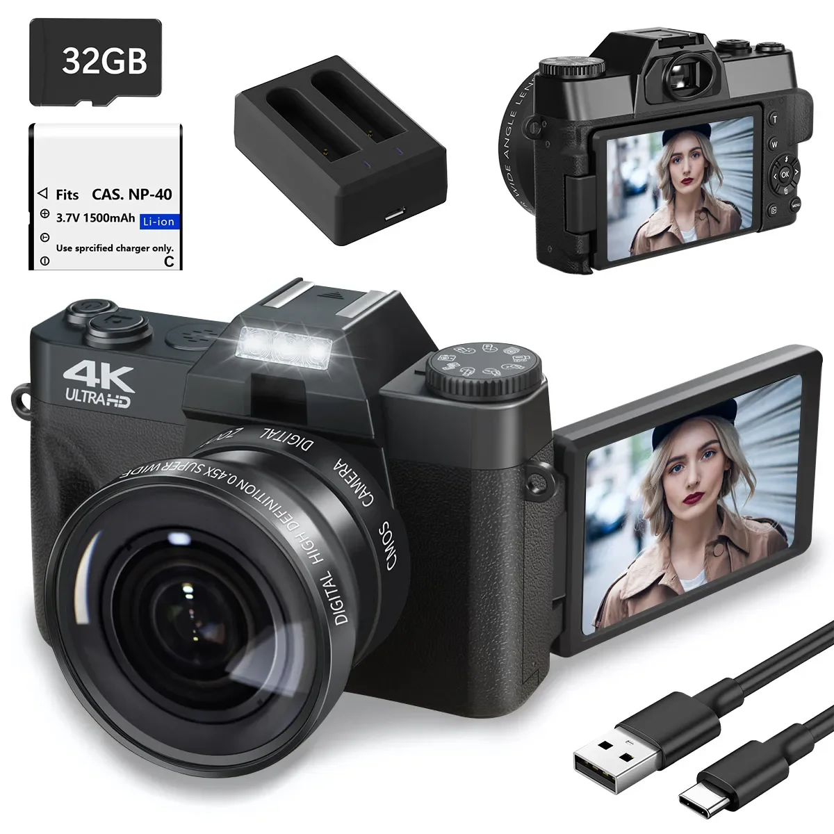 Kamera Digital HD 56MP 4K WIFI, kamera perekam Video Vintage Vlog Zoom Digital 16X layar Flip 3 "sudut lebar