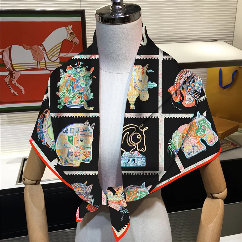 Silk Scarf Women Horse Head Print Square Scarves Head Echarpes Silk Foulards Femme Wraps Beach Shawl Bandana Lady Hijabs 90CM