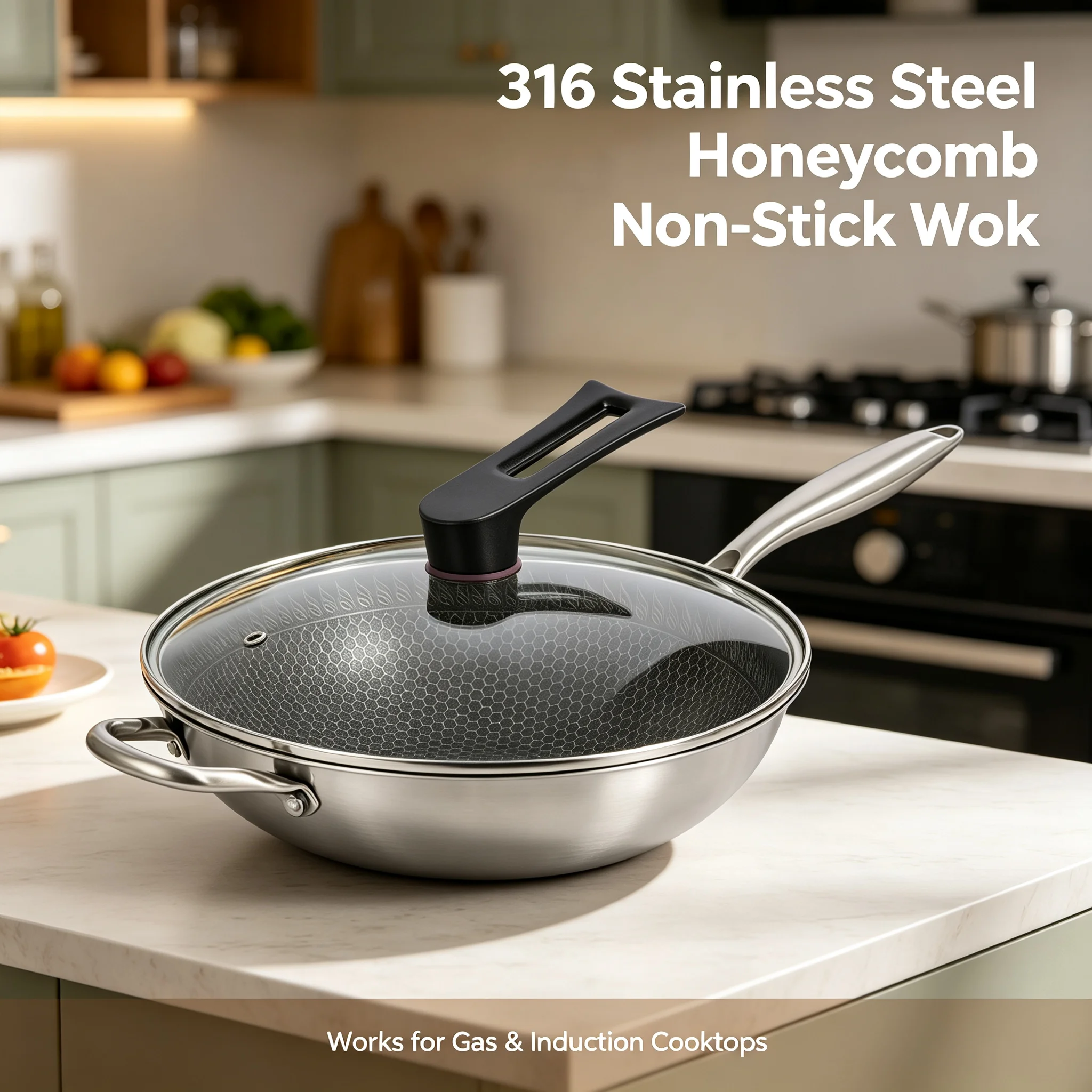 Stainless Steel Wok 316 Material 13.4inch Non-Stick Wok Pan, Fast Heating Honeycomb Texture Anti-Scalding Handle, Compatible with Gas & Induction Cooktops for Home Cooking