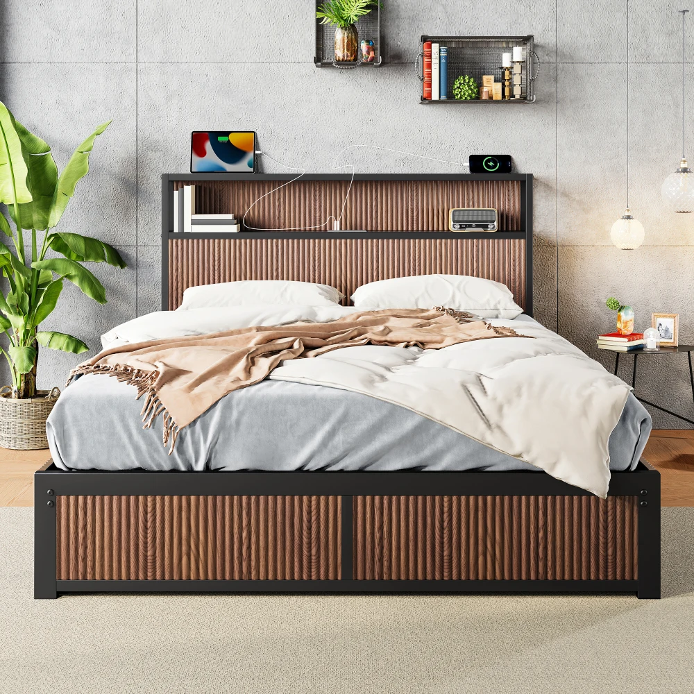 

Raised-Pattern Storage Bed: Large Wooden Platform with Drawers, Bedside Socket, Brown (Queen)