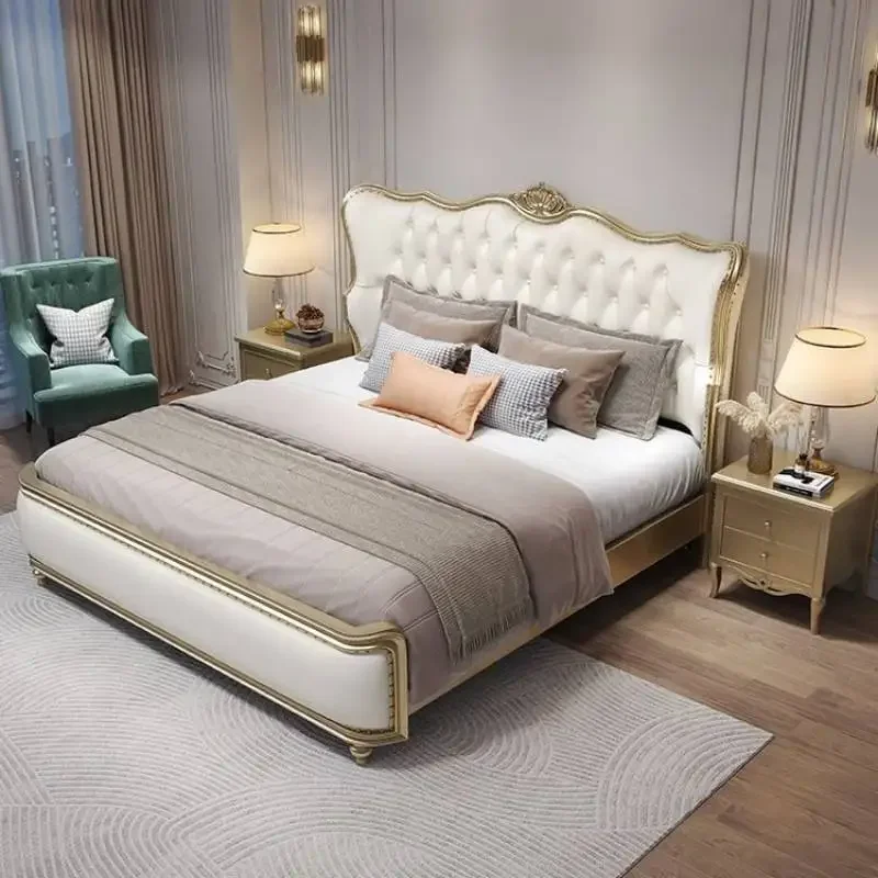 Pretty Elegant Double Bed Queen European Unique Luxury Bedroom Frame Bed Sets Modern Solid Wood Cama Doble House Accessories