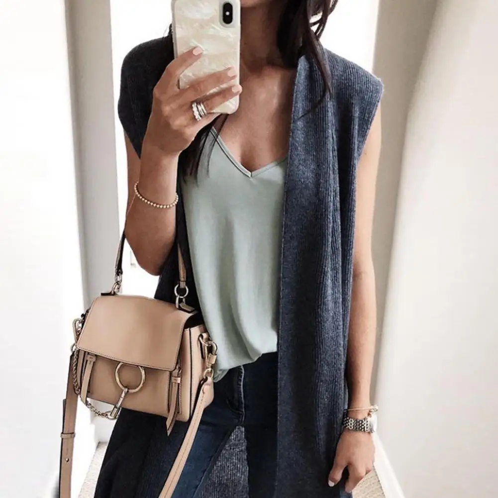 Women Long Waistcoat Open Stitch Cardigan Sleeveless Solid Color Loose Elastic Soft Breathable Casual Mid Length Lady Vest Coat
