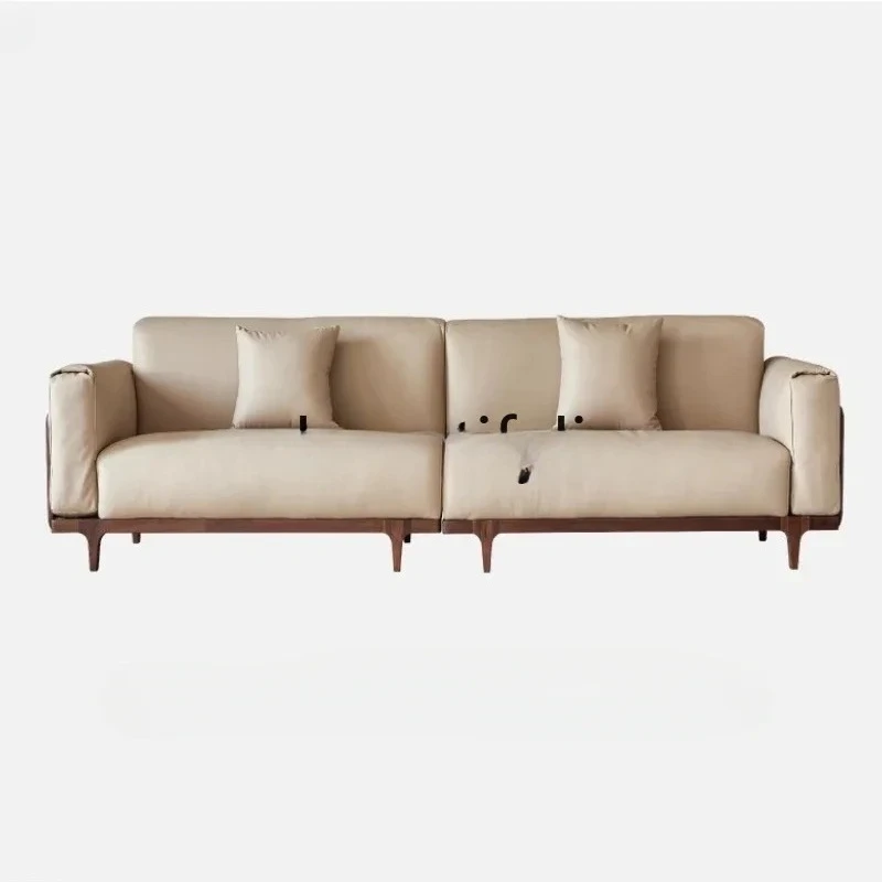 

Q North American black walnut sofa leather living room straight row sofa solid wood light luxury four people