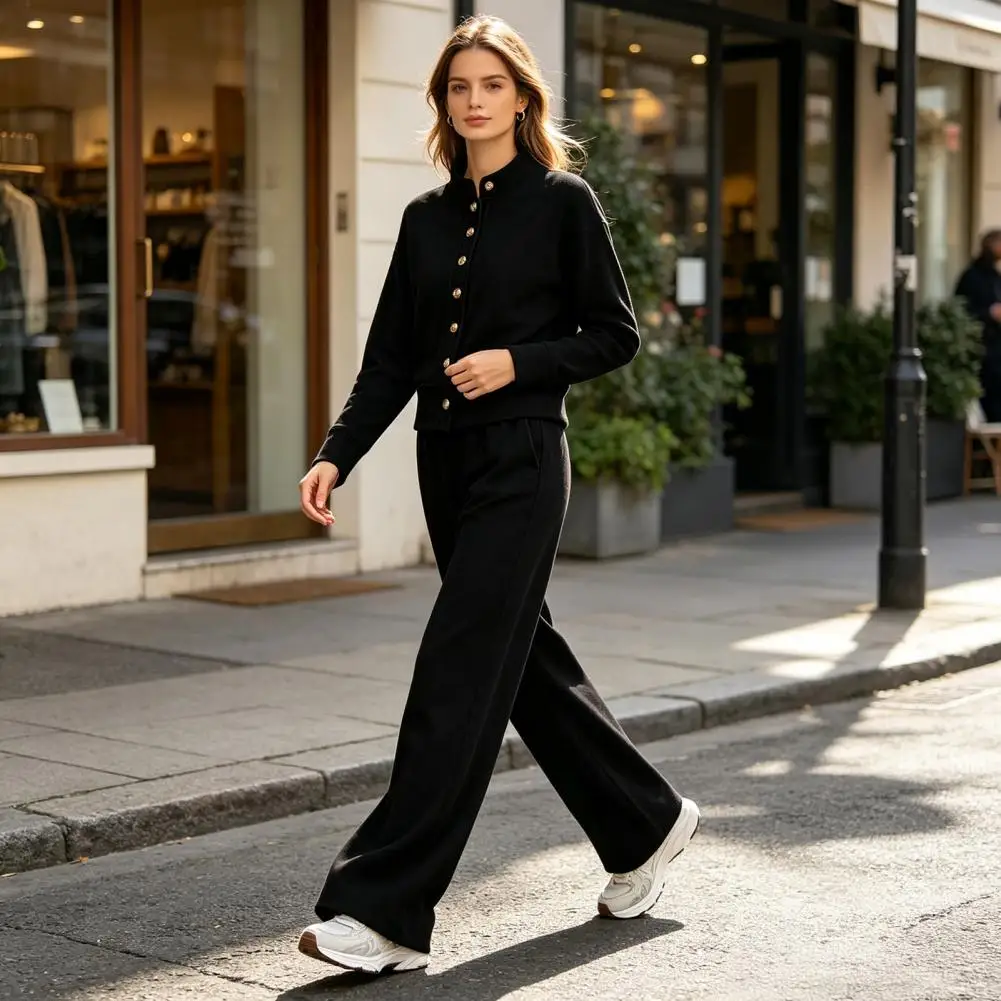 Cropped Top Trouser Set Women Solid Cardigan Set Stand Collar Single Metal Button Short Sweater High Draped Wide Leg for Women