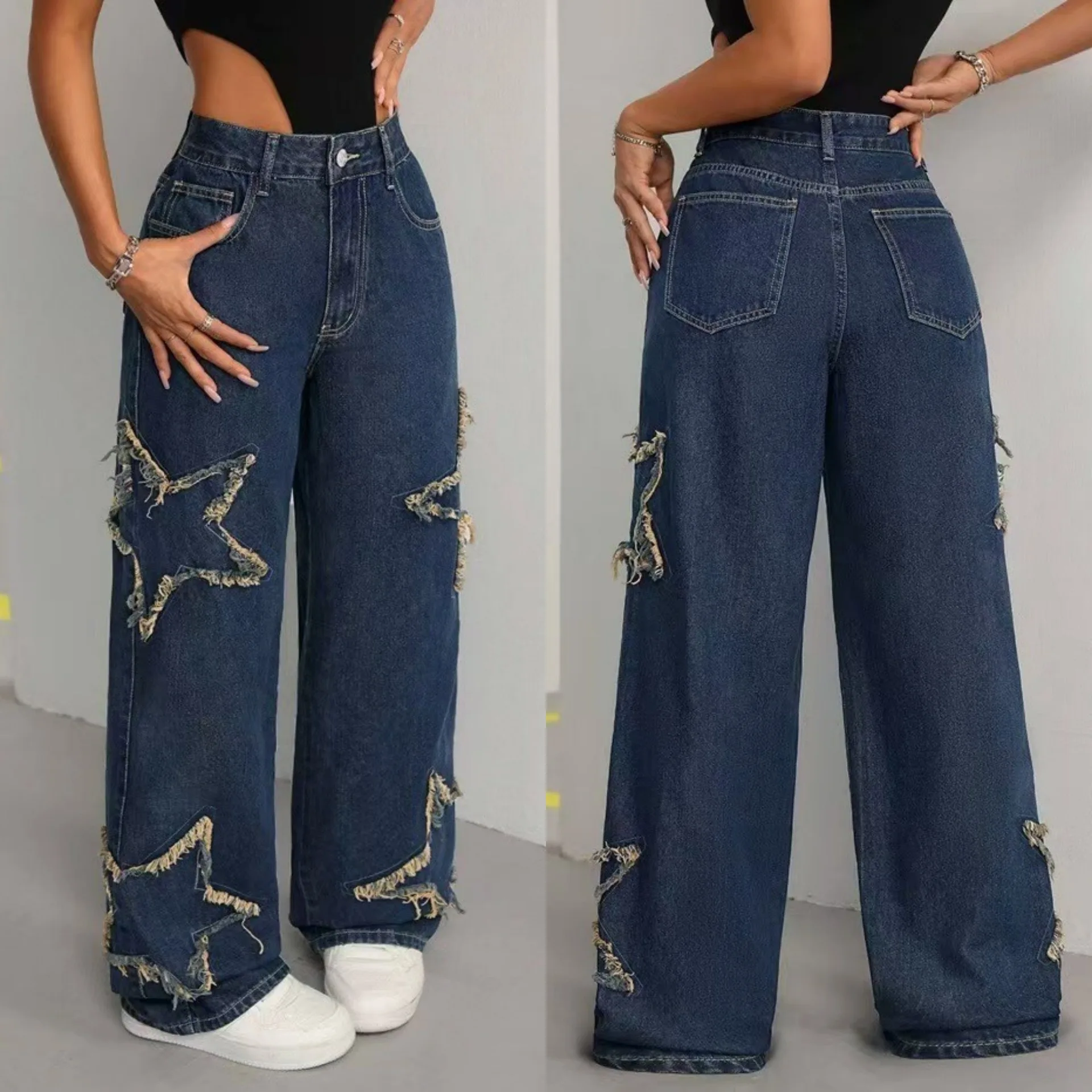 

Джинсы женские, широкие прямые брюки, пятиугольная нашивка, уличная одежда с высокой талией, винтажные джинсовые брюки с необработанными краями, длина до пола