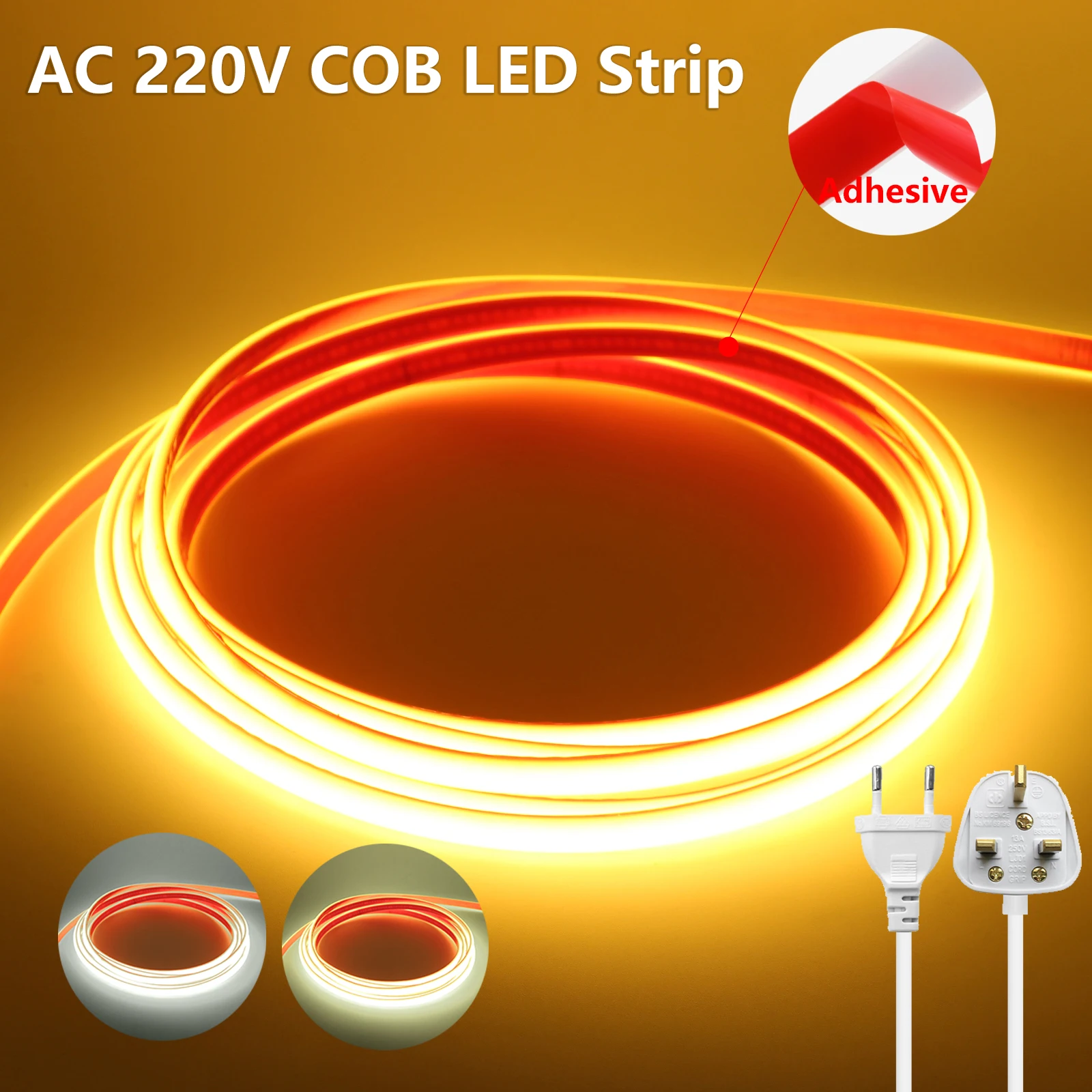 

Светодиодная лента COB 220 В, водонепроницаемая, 288 светодиодов/м, клейкая лента, светодиодная лента с вилкой ЕС, Великобритании, гибкая лента для домашнего декора сада