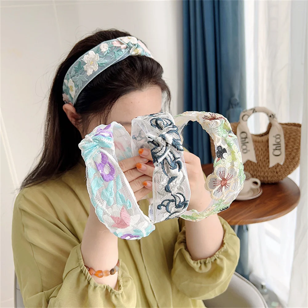 Elegancka szyfonowa haftowana opaska do włosów w kształcie kwiatu dla kobiet słodka ozdoba do włosów opaska do włosów obręcz do włosów Turban modne akcesoria do włosów — zdjęcie 7