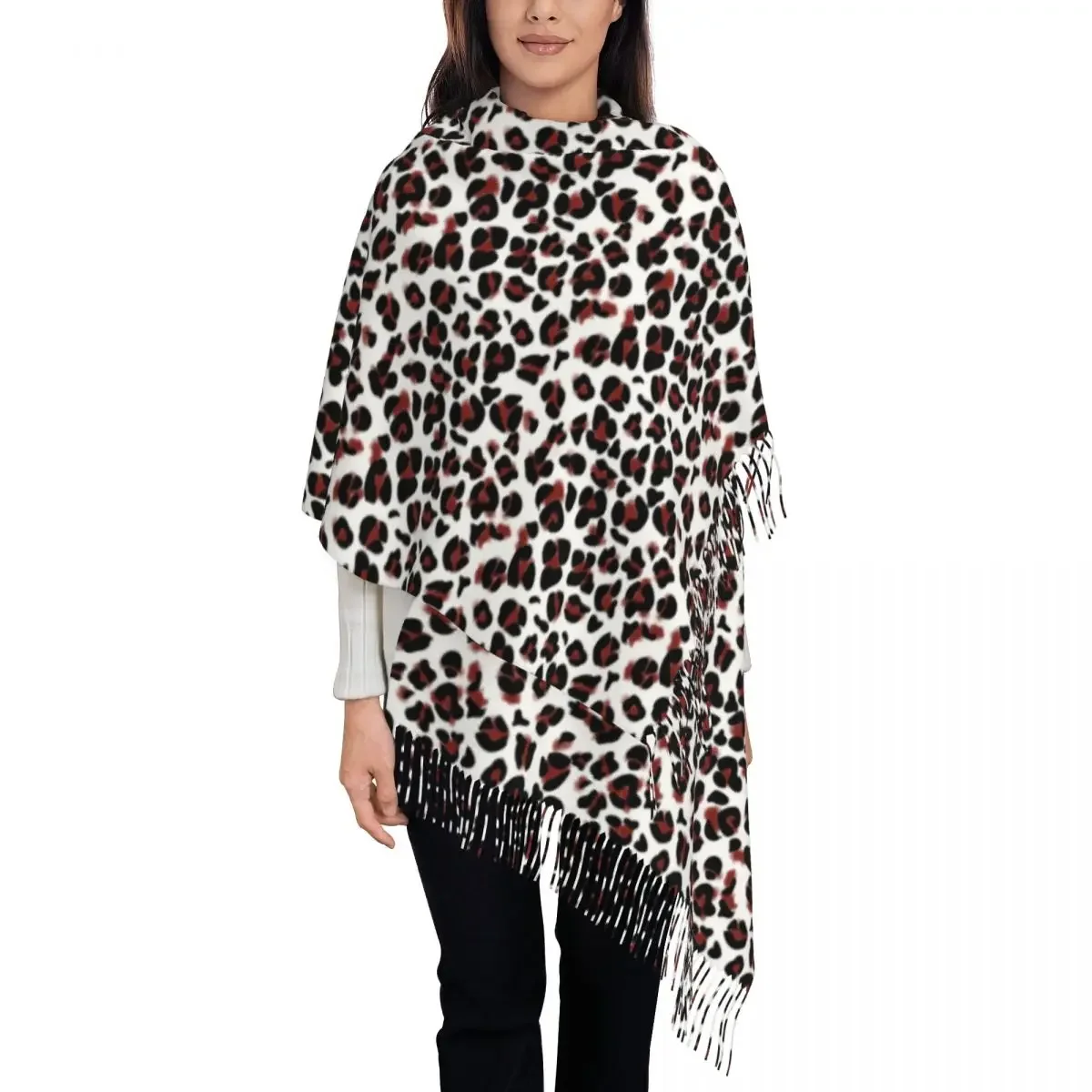 Leopard Skin Texture Scarf for Women Warm Winter Cashmere Shawl Wrap Animal Long Scarves with Tassel Daily Wear