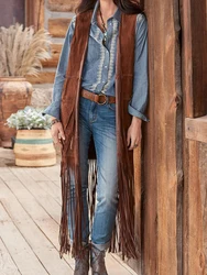 Vintage Fringe Vest Women Autumn Faux Suede Tassel Long Waistcoat Female Fashion Solid Color Casual Loose Sleeveless Cardigan