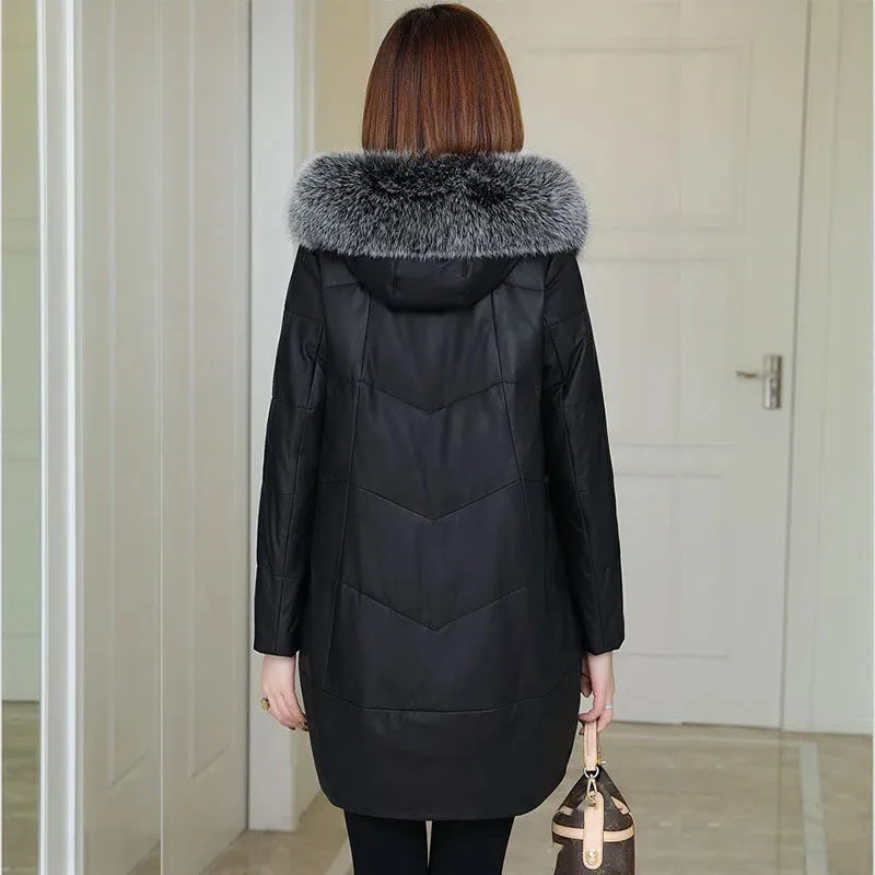 Loose Fit Leather Jacket Warm Women Parkas Fur Collar Hooded PU Leather Coat Autumn Winter Korean Thick Long Leather Overcoat