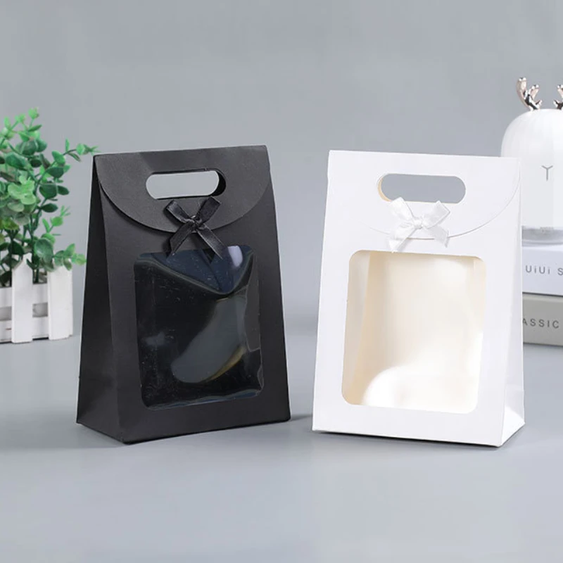 

1Pcs Black/White Gift Bags with Clear Window Paper Card Bag with handle Candy Biscuits Cake Packing Box Eid Mubarak Gift Bag