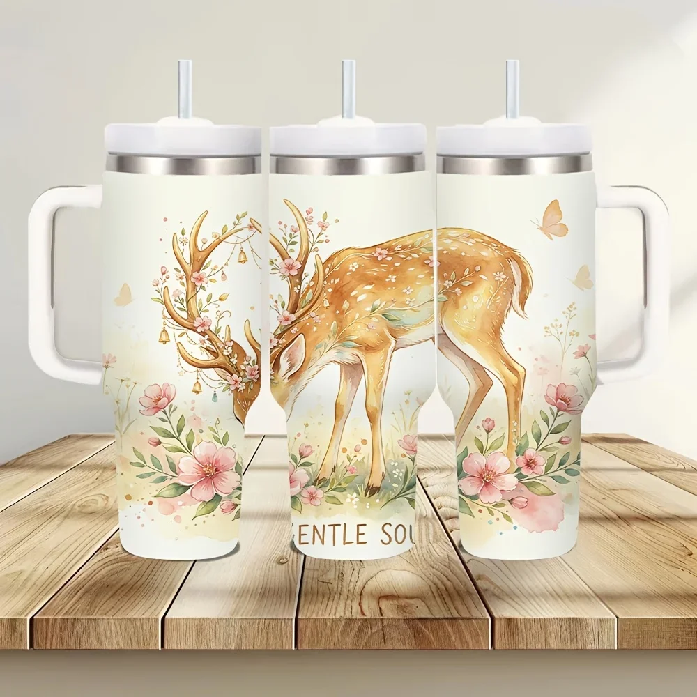 40Oz Insulated Tumbler with Handle, Gentle Watercolor Deer Floral Print Design, Keeps Beverages Hot And Cold, Suitable for Daily Use, Outdoor Trips And All Daily Scenes for Everyone