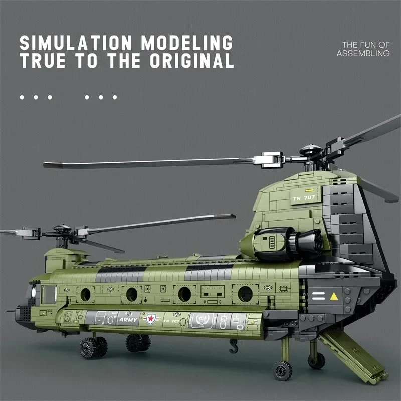 Dual Rotor Transport Helicopter Blocks All Weather Military Model Carry Soldiers Lift Tanks Collectible Toy Compatible with Lego