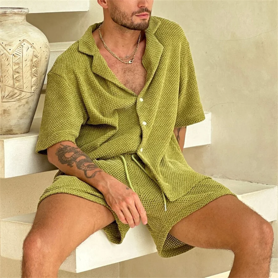 Breathable Knitted Men‘s Shorts Set Summer Casual Short Sleeve Shirt and Shorts Two Piece Suits Men Outfits Sports Clothes