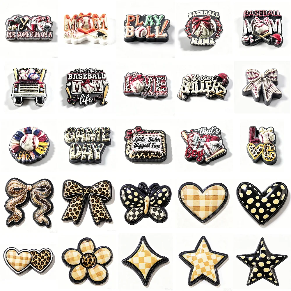 1pcs Baseball Bow Heart Star Flower Butterfly Shoe Charms Shoes Decoration Leopard Plaid Polka Dot Cartoon Cute Accessories
