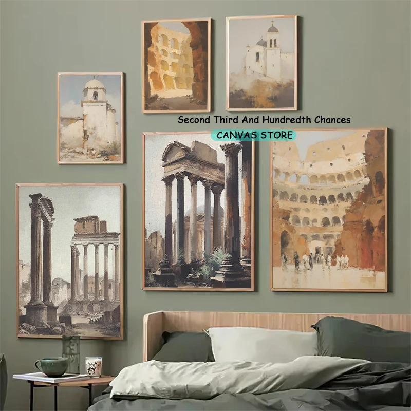 Classic Roma Greek Colosseum Painting Vintage Roma Architecture European City Landmark Poster Canvas Painting Wall Picture Decor