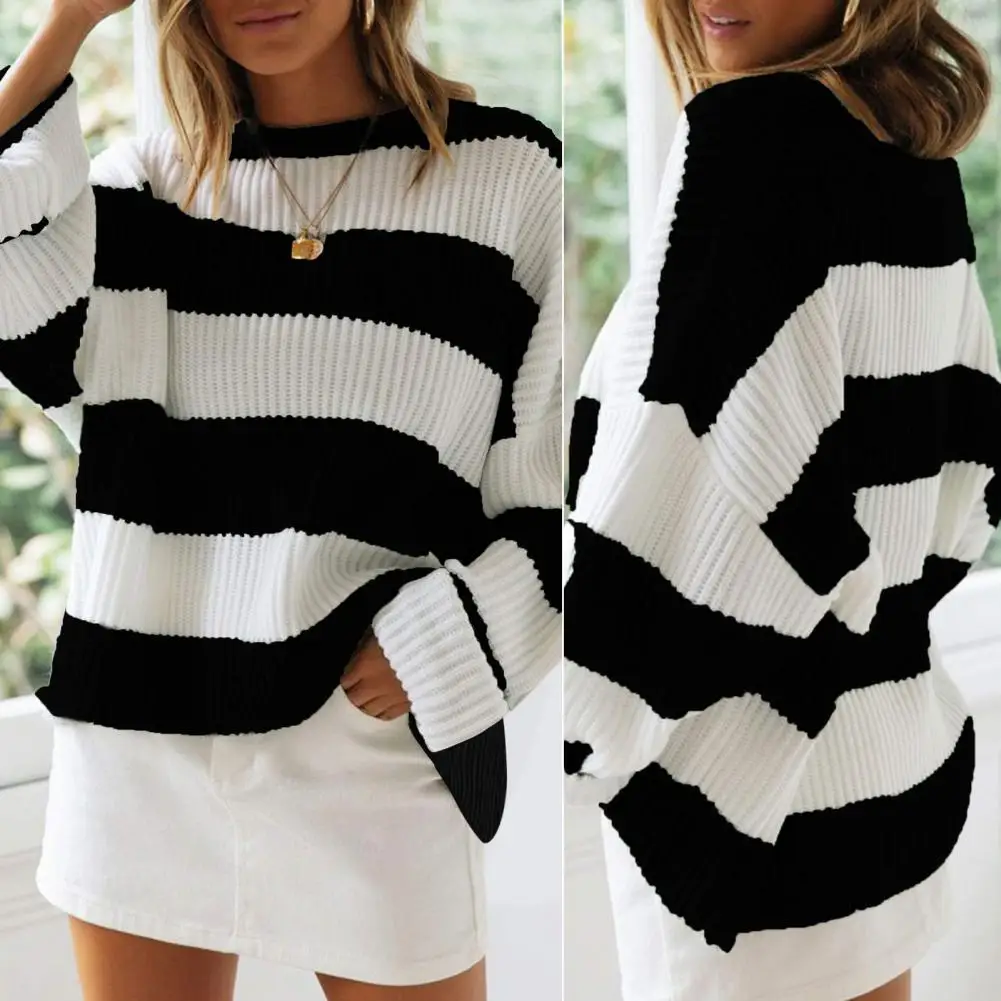 Vibrant Energy Sweater Striped Color Block Crew Neck Sweater for Women Oversized Knitwear with Ribbed Cuffs Long Sleeve Pullover