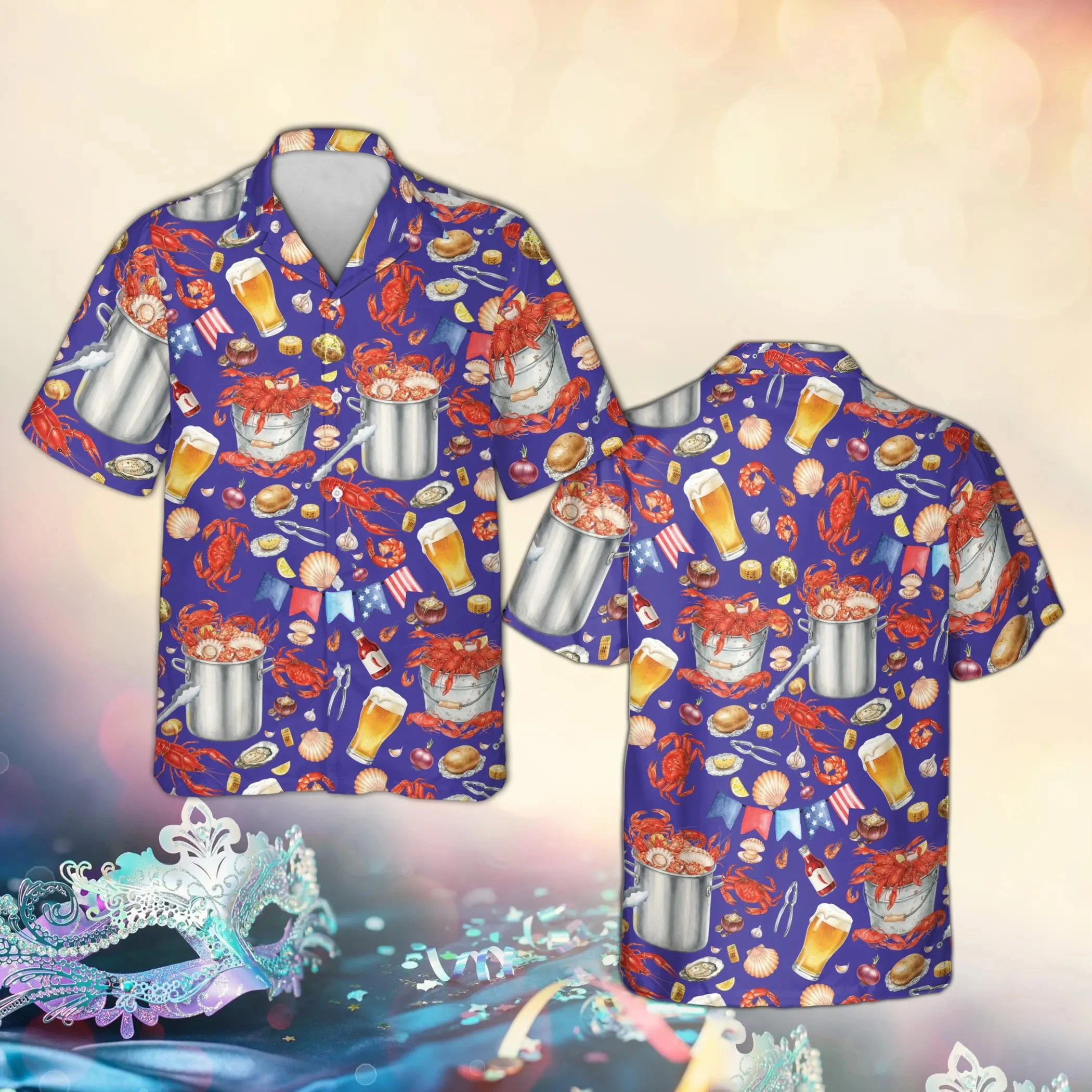 

Crawfish Boil Mardi Gras Hawaiian Shirt, Pelican Fleur De Lis Aloha Top, New Orleans Fat Tuesday Seafood Party Gift Shirts