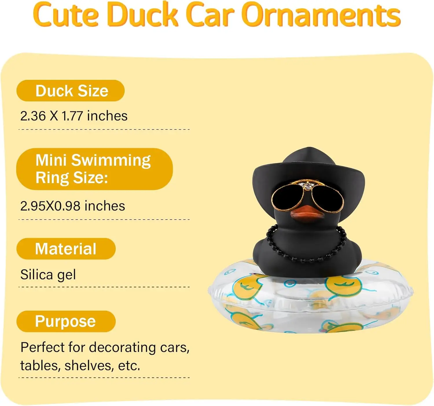 Car Dashboard Black Rubber Duck Ornament, Car Decoration Colour Ducks Accessories with Mini Hat Necklace and Sunglasses Rubber D