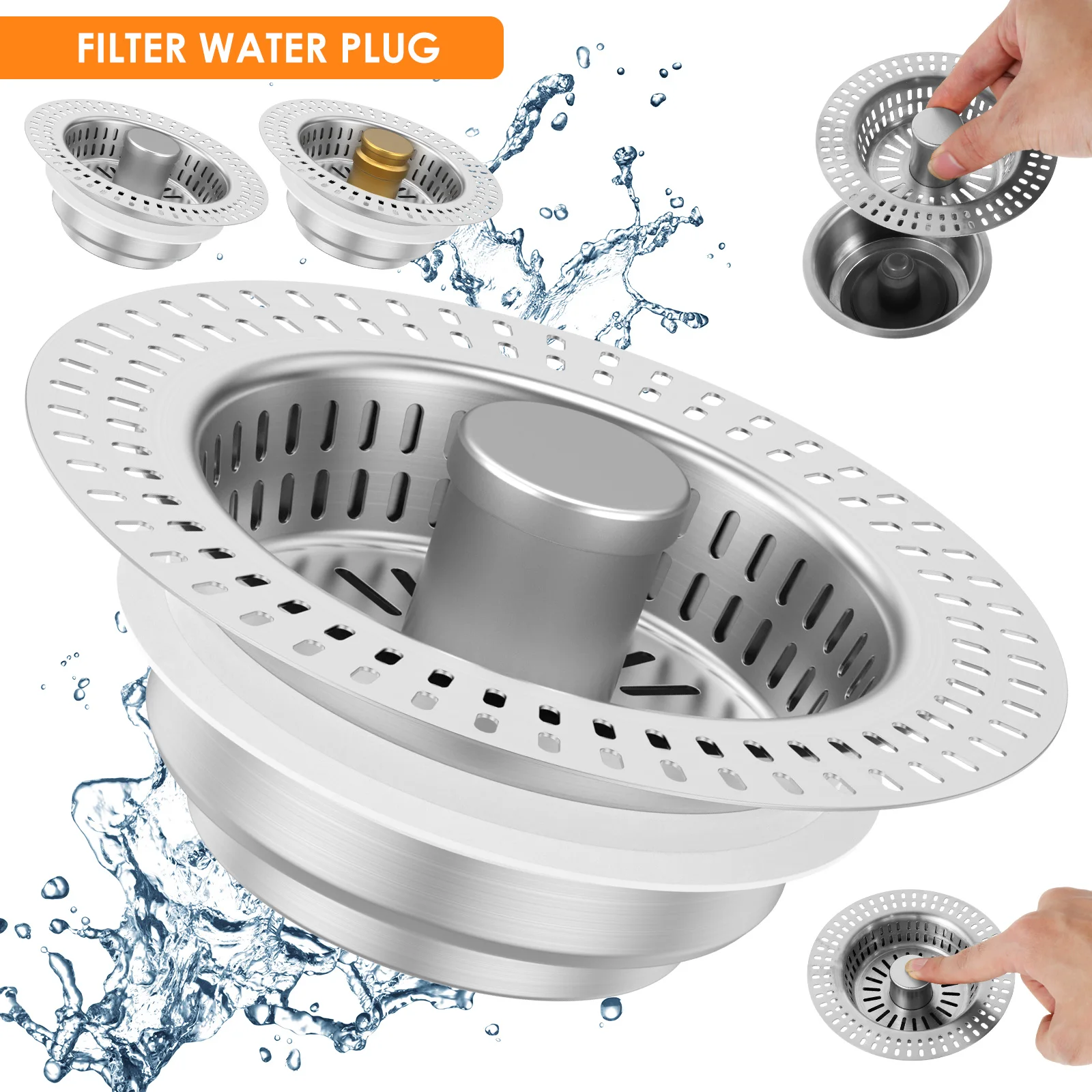 Pop Up Sink Drain Strainer Stainless Steel Kitchen Sink Stopper 3 in 1 Universal Anti Clogging Sink Drain Strainer Stopper