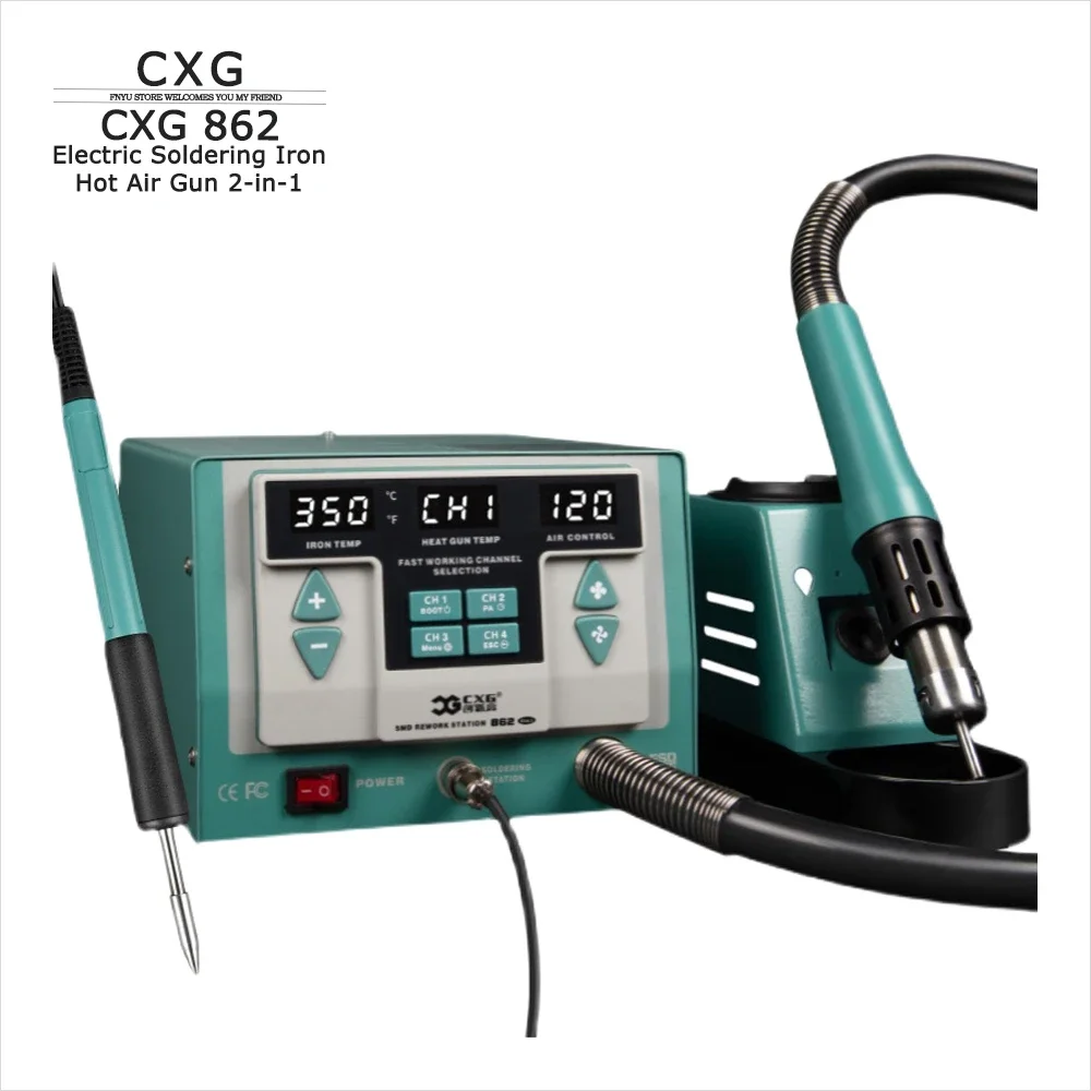 

CXG 862 Electric Soldering Iron Hot Air Gun 2 In 1 1500W LED Adjustable Temperature Eddy Current Programming Desoldering Station