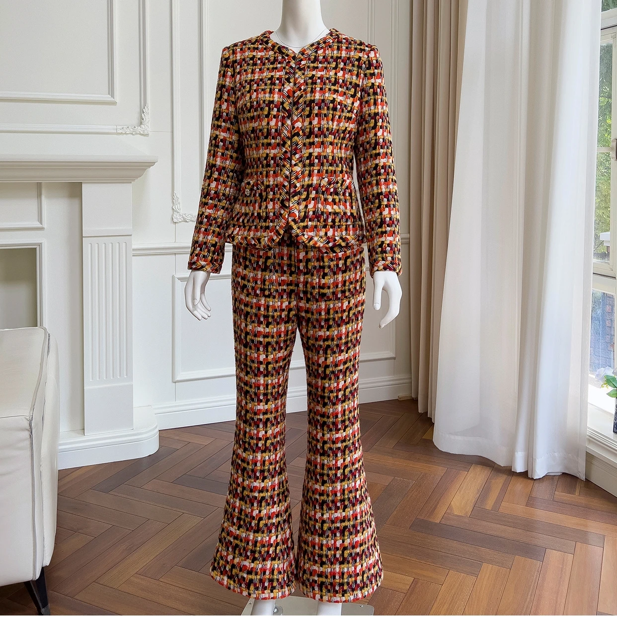 

Europe American Autumn Winter Chic Women High Quality Plaid Tweed Coat + Flare Pants C367