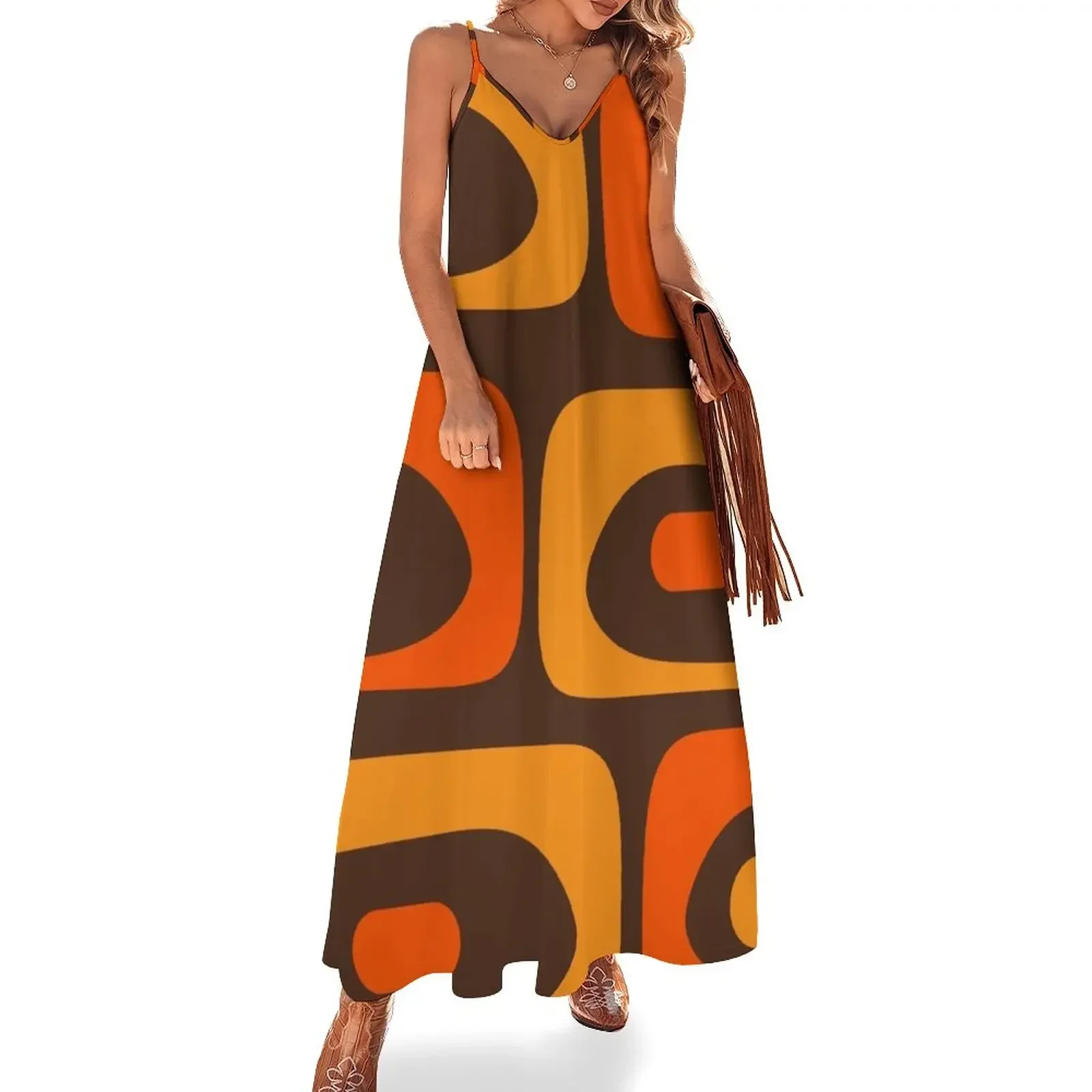 

Mid-Century Modern Piquet Retro Minimalist Abstract in 70s Brown and Orange Sleeveless Dress Long dress woman Dress