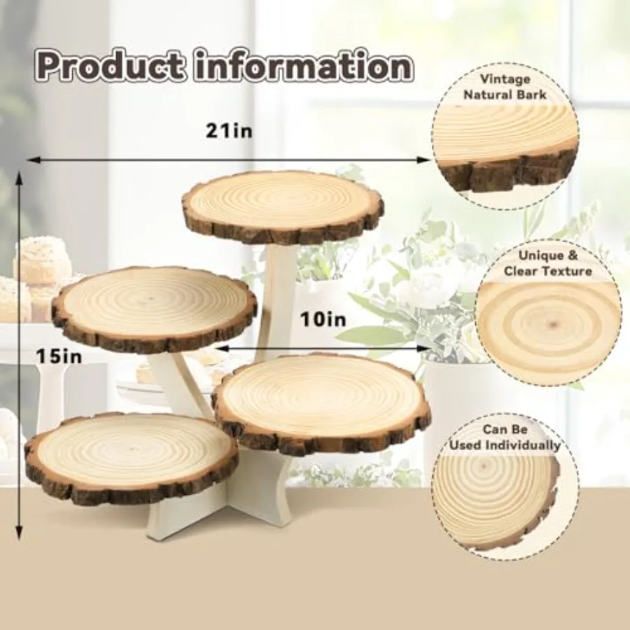 4 Tier Round Natural Wood Cupcake Dessert Stand for Party, Birthday, Wedding, Baby Shower, Holiday Decoration Rustic Brown Wood