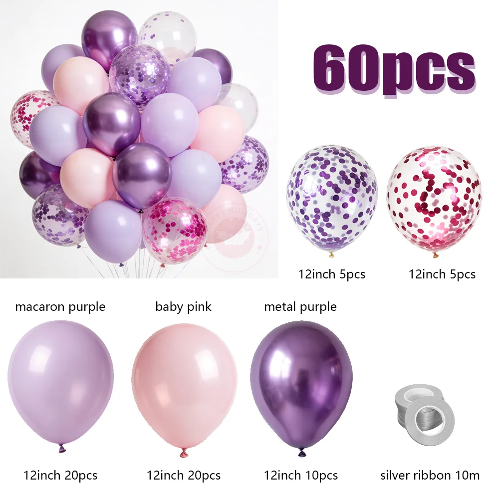 

﻿ 60PCS Macaron Pink Purple Metallic Confetti Balloons Set Wedding Birthday Party Decorations for Indoor Outdoor Celebration